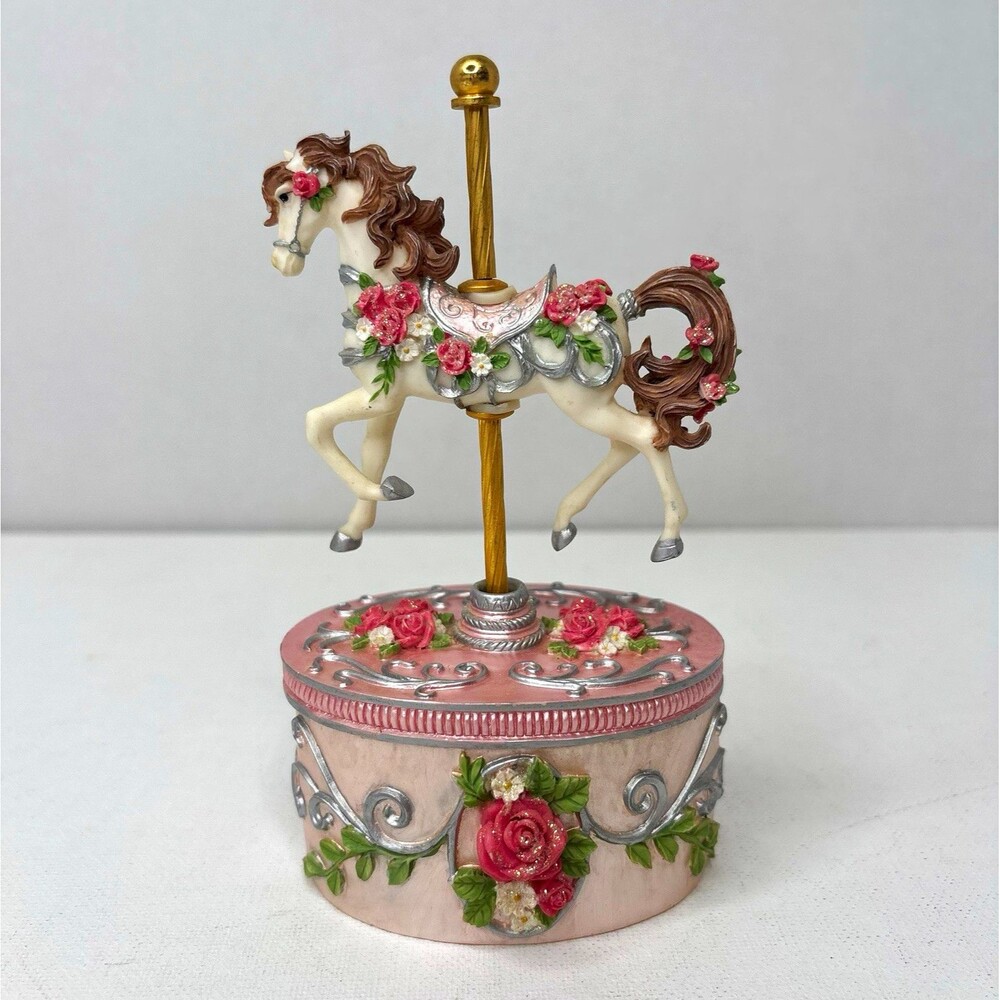 San Francisco Music Box Carousel Horse Trinket Box Pink Roses Sugar Plum Fairy